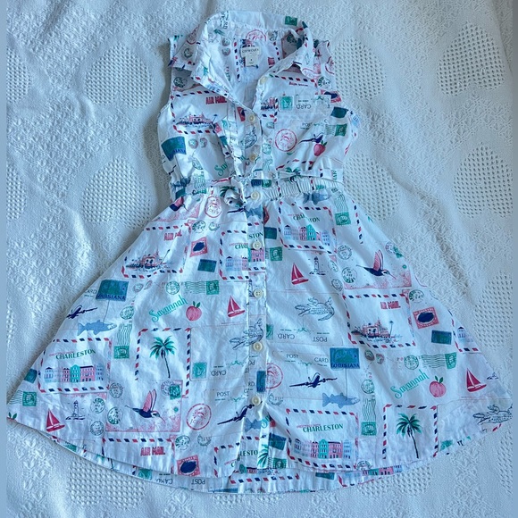 Crewcuts Factory Girls Size 8 Multicolor Waist Tie Postcard Print Shirt Dress - Picture 2 of 6